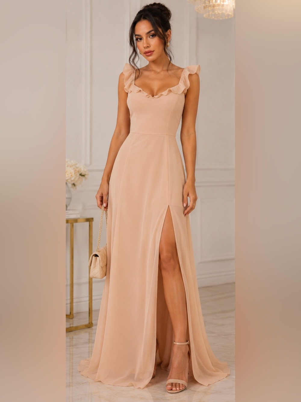 BHLDN Ruffle V-Neck Evening Gown with Side Slit